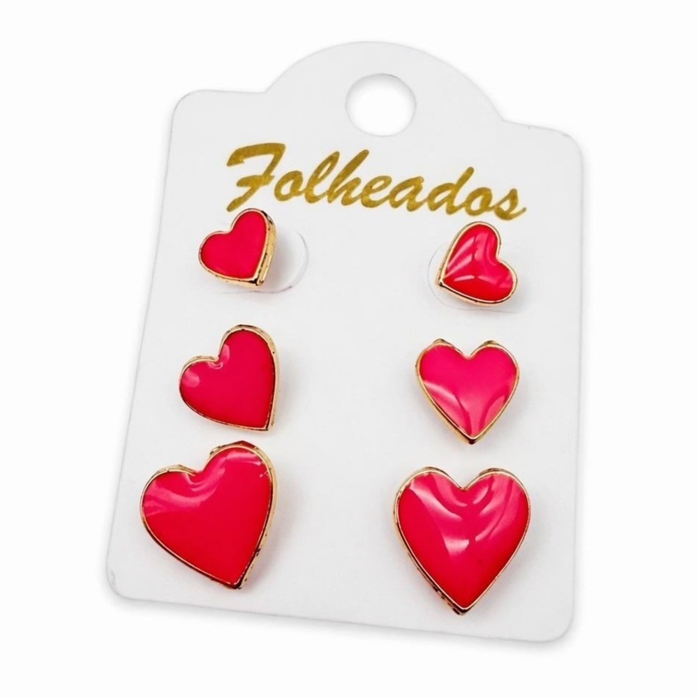 Gold‎ Plated Heart Stud Earrings Set – 3 Pairs Red Enamel Heart Earrings